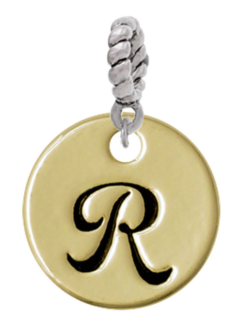 Large Gold Tone Disc Letter - R - 3/4'' Rope Charm Bead Dangle