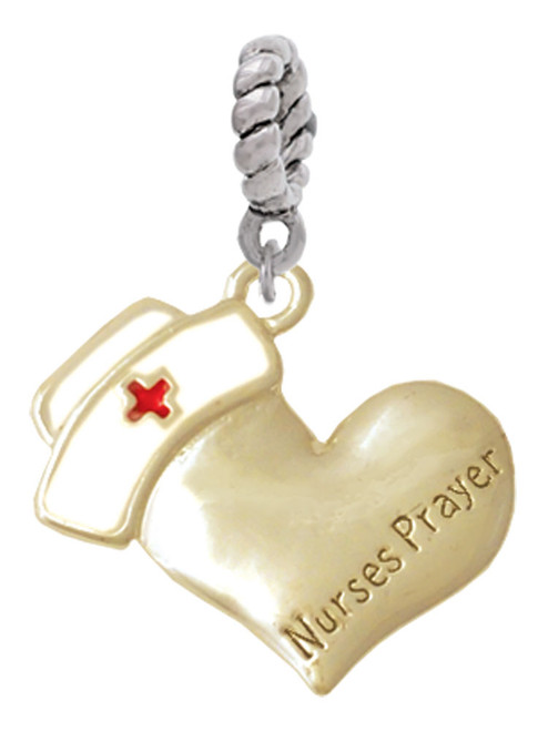Gold Tone Nurse's Prayer Heart - Healing Hand Rope Charm Bead Dangle