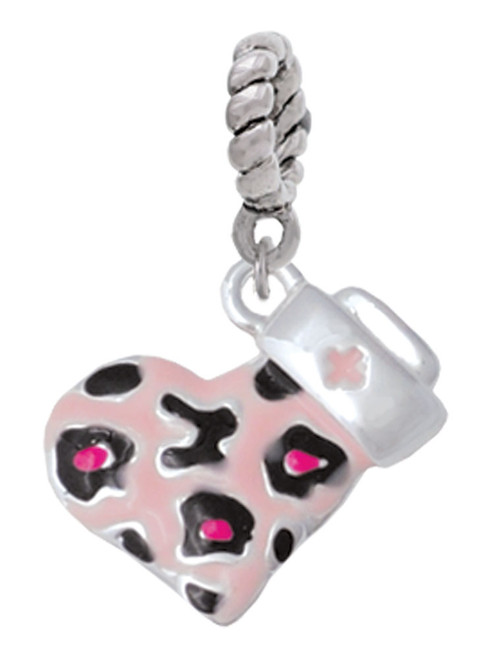 Pink Cheetah Print Heart with Nurse Hat Rope Charm Bead Dangle
