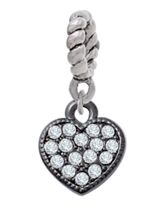 Small Black Heart with Clear Crystals Rope Charm Bead Dangle