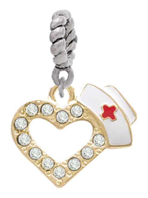 Small Gold Tone Crystal Heart with Nurse Hat Rope Charm Bead Dangle