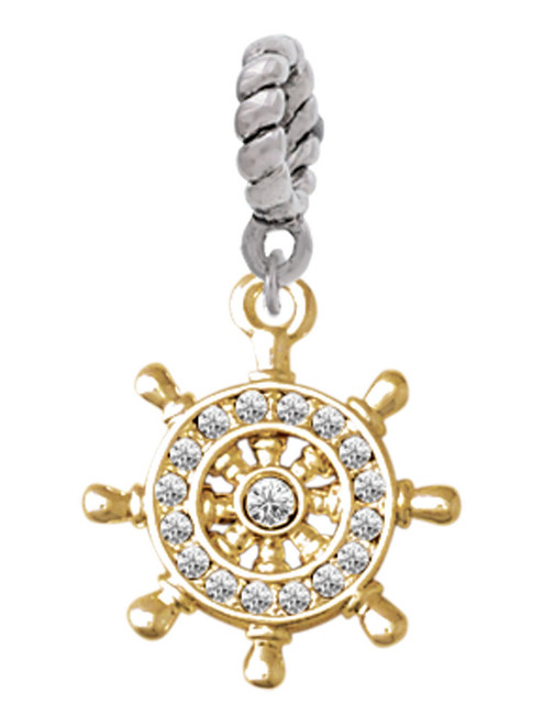 Gold Tone Crystal Ship Wheel Rope Charm Bead Dangle