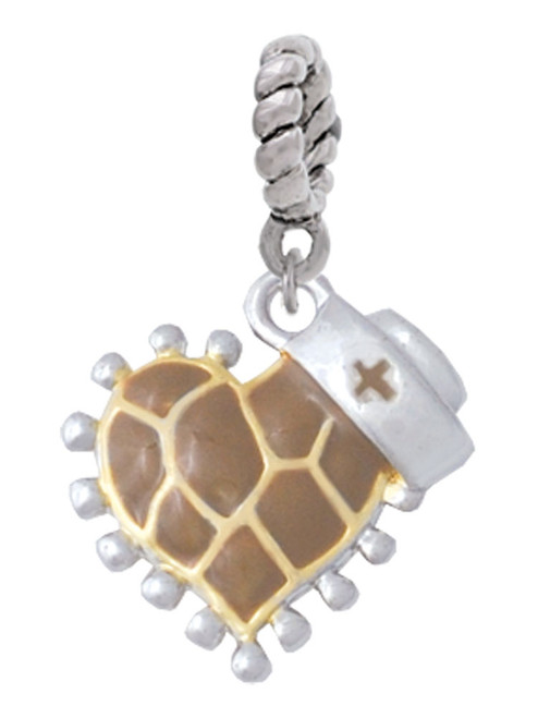 Brown Giraffe Print Heart with Nurse Hat Rope Charm Bead Dangle