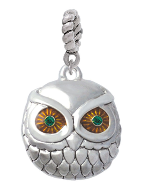 Large Round Owl with Green Crystal Eyes Rope Charm Bead Dangle