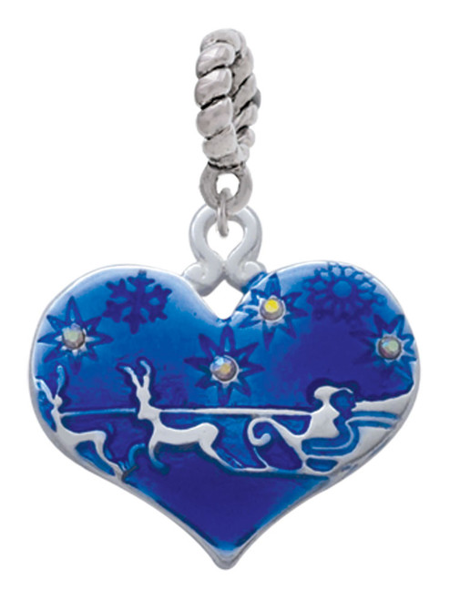 Large Blue Flying Santa Heart with AB Crystals Rope Charm Bead Dangle