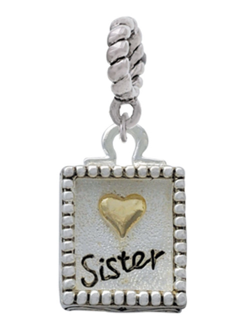 Shadow Box ''Sister'' with Gold Tone Heart Rope Charm Bead Dangle