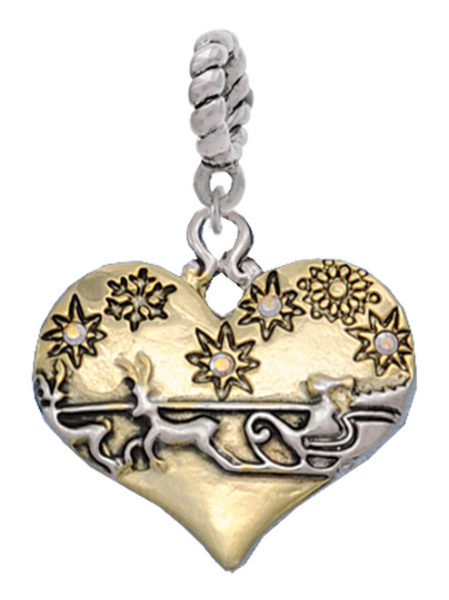 Large Flying Santa on Gold Tone Heart Rope Charm Bead Dangle