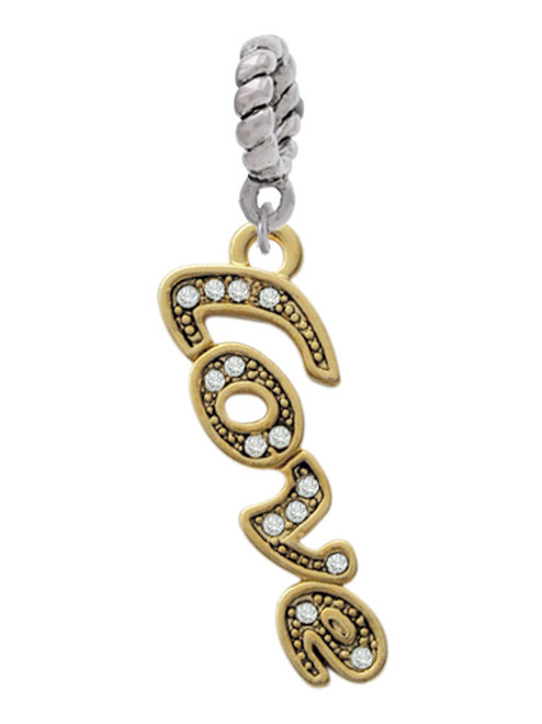 Gold Tone Script ''Love'' with Clear Crystals Rope Charm Bead Dangle