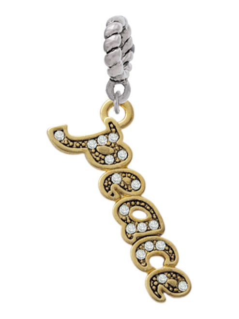 Gold Tone Script ''Peace'' with Clear Crystals Rope Charm Bead Dangle