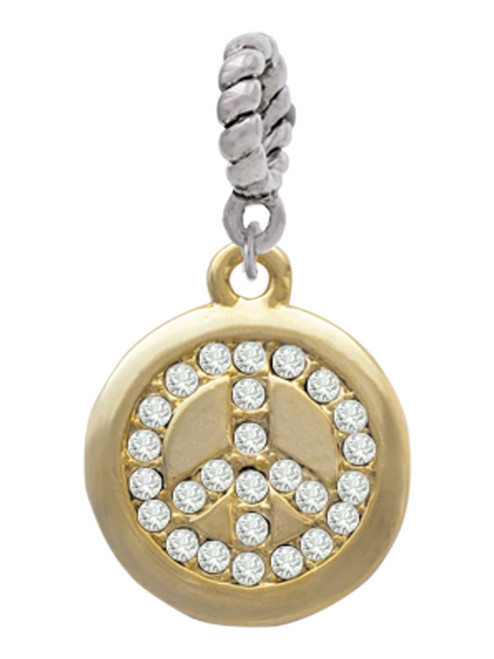 Gold Tone Disc with Crystal Peace Sign Rope Charm Bead Dangle