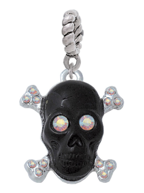 Large Black Resin Skull with AB Crystals Rope Charm Bead Dangle