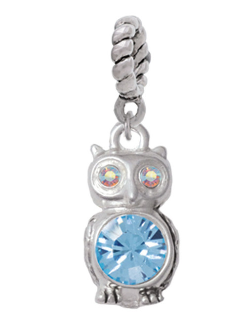 3-D Light Blue & AB Crystal Owl Rope Charm Bead Dangle