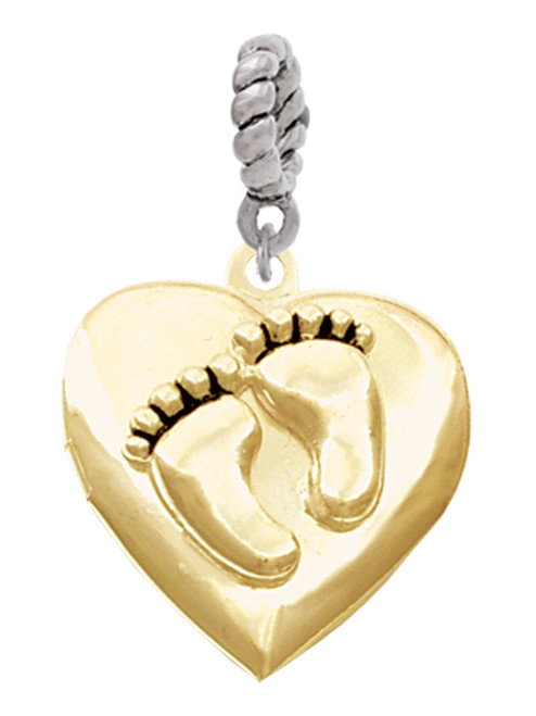 Gold Tone Baby Feet Heart Locket Rope Charm Bead Dangle