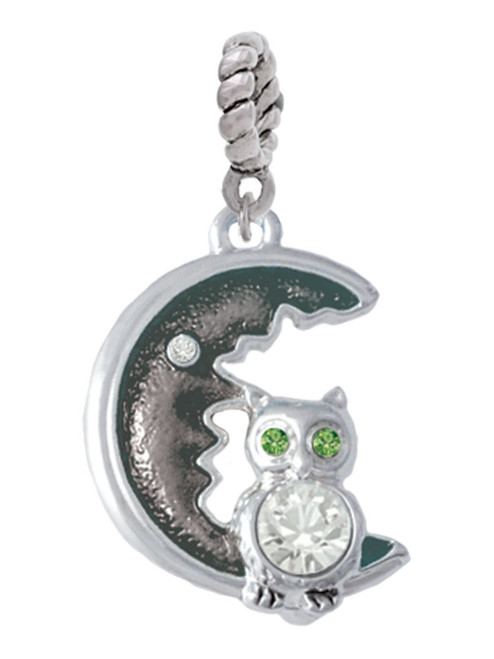 Large Crystal Owl Sitting on Black Moon Rope Charm Bead Dangle