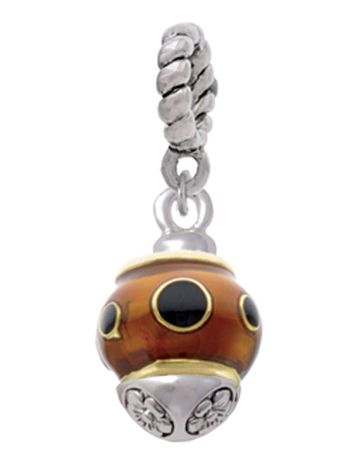 Wide Black Dots on Translucent Brown - Gold Tone Spinner Rope Charm Bead Dangle