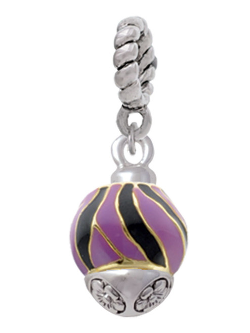 Wide Black and Purple Animal Striped Print - Gold Tone Spinner Rope Charm Bead Dangle