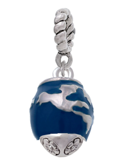 Blue Enamel World Globe Spinner Rope Charm Bead Dangle