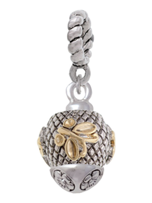 Gold Tone Butterfly on Silver Tone Hatched Background Spinner Rope Charm Bead Dangle