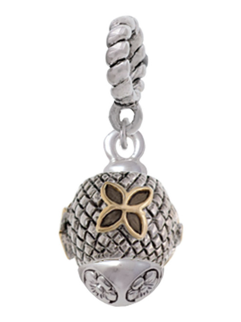 Gold Tone Flower on Silver Tone Hatched Background Spinner Rope Charm Bead Dangle