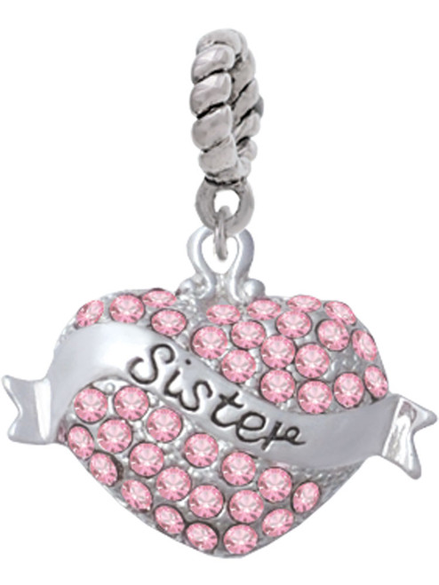Sister Banner on Pink Crystal Heart Rope Charm Bead Dangle