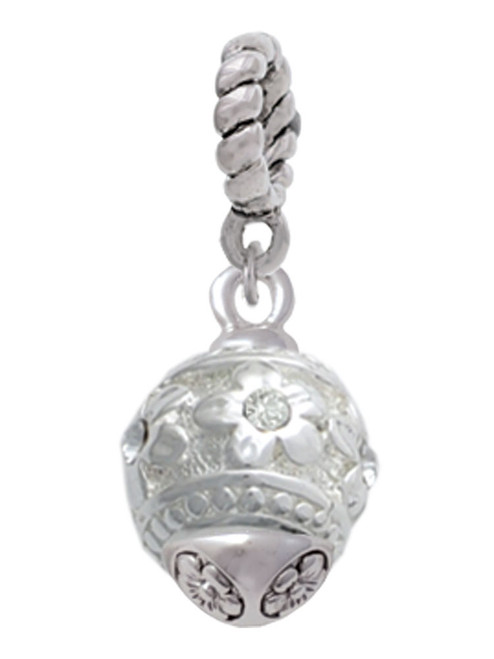 Raised Silver Tone Flowers with Clear Crystals on Barrel Spinner Rope Charm Bead Dangle