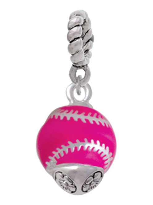 Hot Pink Softball with Silver Tone Stitching Spinner Rope Charm Bead Dangle