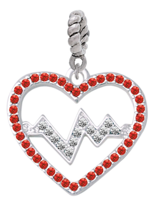 Large Red Crystal Heart with Clear Heartbeat Rope Charm Bead Dangle