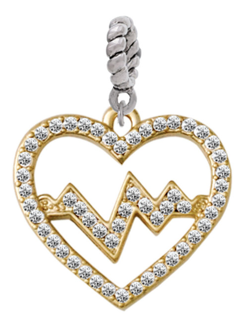Gold Tone Large Crystal Heart - Heartbeat Rope Charm Bead Dangle