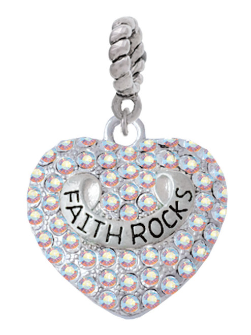 Faith Rocks on AB Crystal Heart Rope Charm Bead Dangle