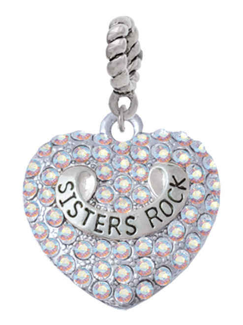 Sisters Rock on AB Crystal Heart Rope Charm Bead Dangle