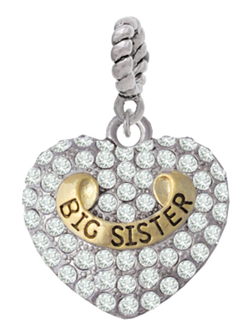 Gold Tone Big Sister Rock on Clear Crystal Heart Rope Charm Bead Dangle