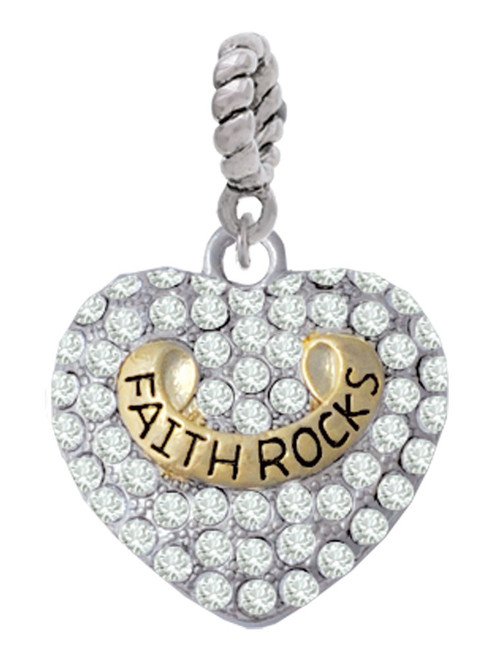 Gold Tone 'Faith Rocks' on Clear Crystal Heart Rope Charm Bead Dangle