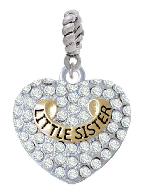 Gold Tone Little Sister Rock on Clear Crystal Heart Rope Charm Bead Dangle