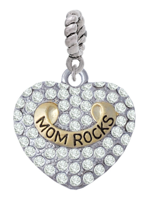 Gold Tone 'Mom Rocks' on Clear Crystal Heart Rope Charm Bead Dangle