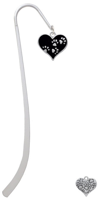 Black Enamel Heart with Paw Prints Charm Bookmark