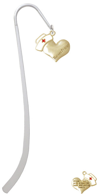 Gold Tone Nurse's Prayer Heart - Healing Hand Charm Bookmark