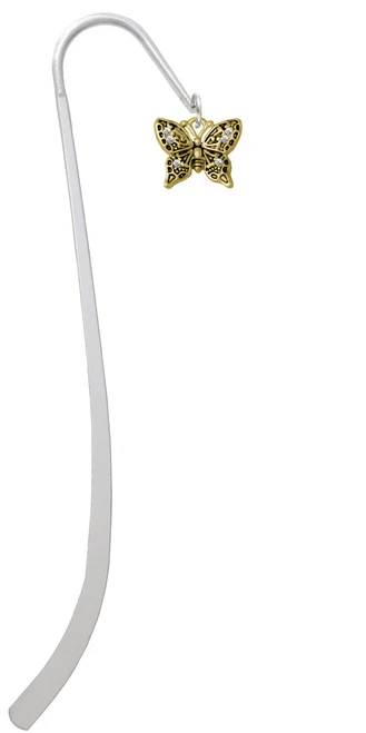 Small Gold Tone Antiqued Crystal Butterfly Charm Bookmark