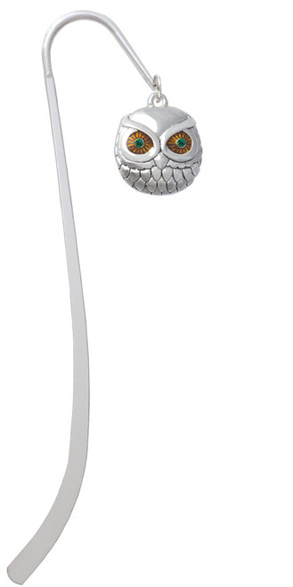Large Round Owl with Green Crystal Eyes Charm Bookmark