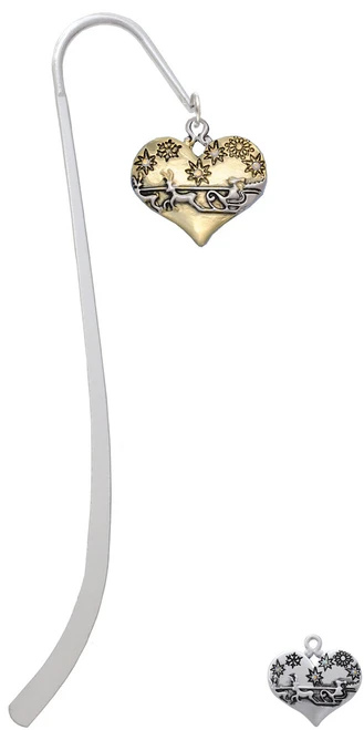 Large Flying Santa on Gold Tone Heart Charm Bookmark