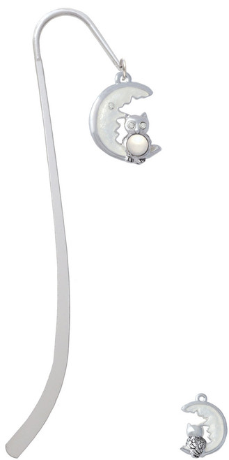 Large Imitation Pearl Owl Sitting on White Moon Charm Bookmark