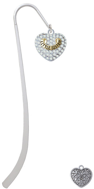 Gold Tone Little Sister Rock on Clear Crystal Heart Charm Bookmark