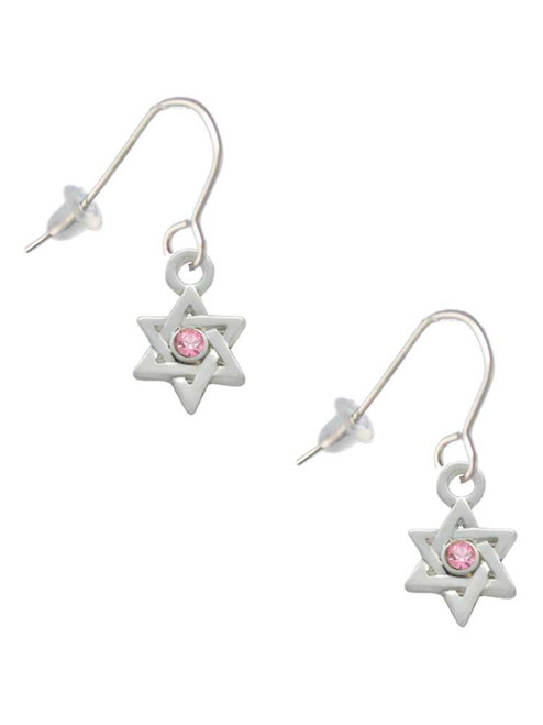 Mini Star of David with Pink Crystal French Earrings