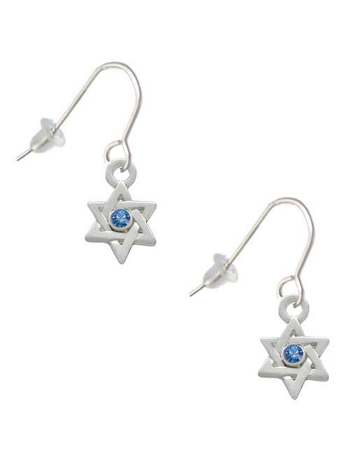 Mini Star of David with Blue Crystal French Earrings