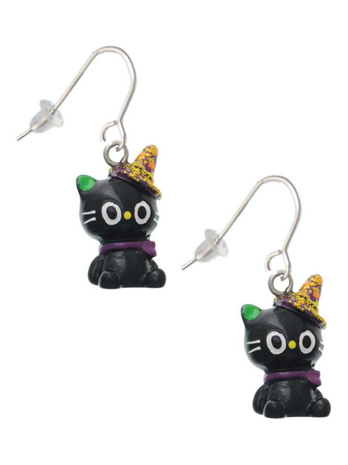 Resin Black Kitty Cat with Witch Hat French Earrings