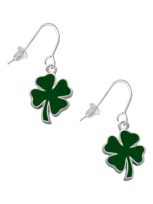 Two Sided Green Enamel Lucky Four Leaf Clover French Earrings