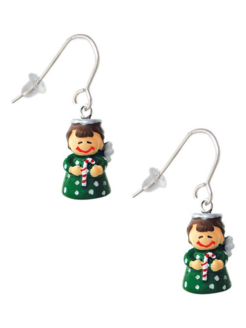 Resin Green Angel Holding Candy Cane French Earrings