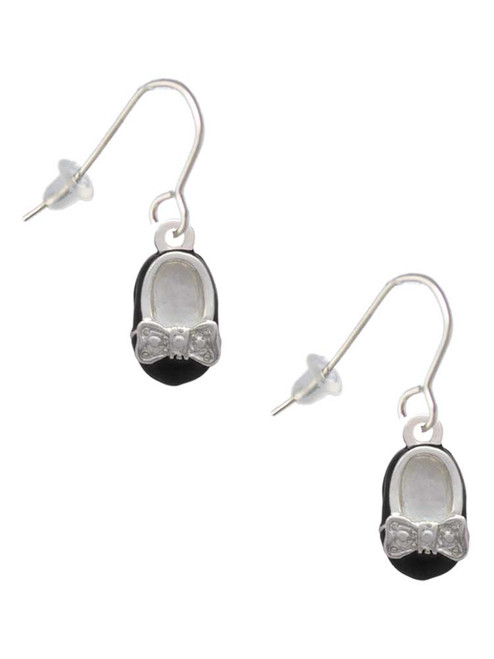 Black Enamel Baby Shoe with Bow French Earrings