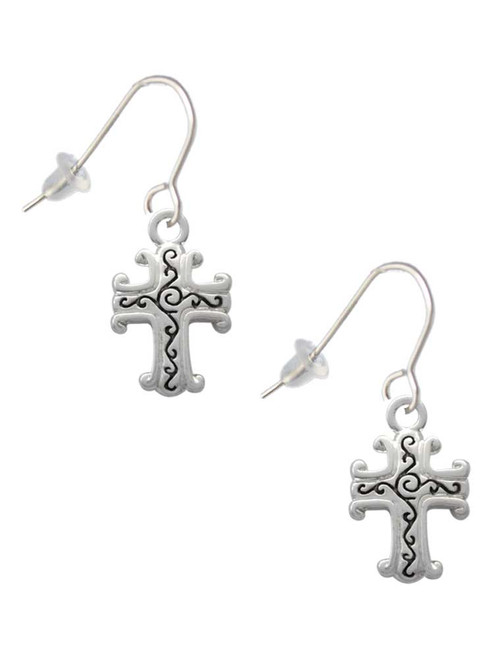 Scroll Cross with Antiqued Decoration French Earrings