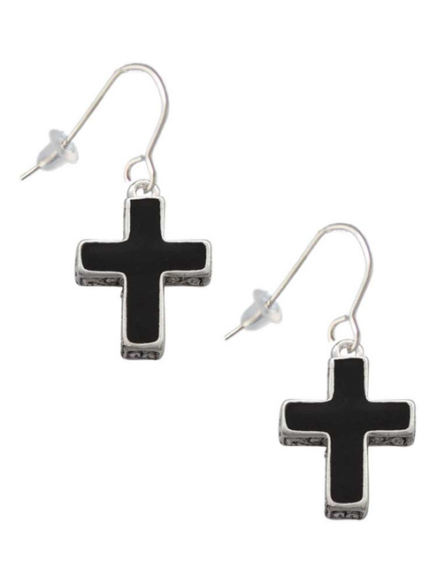 Large Black Enamel Cross with Decorated Sides French Earrings