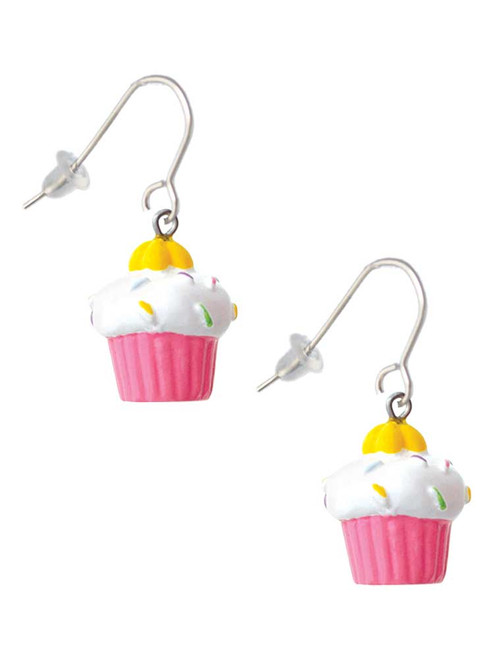 Resin Pink Cupcake with White Frosting French Earrings